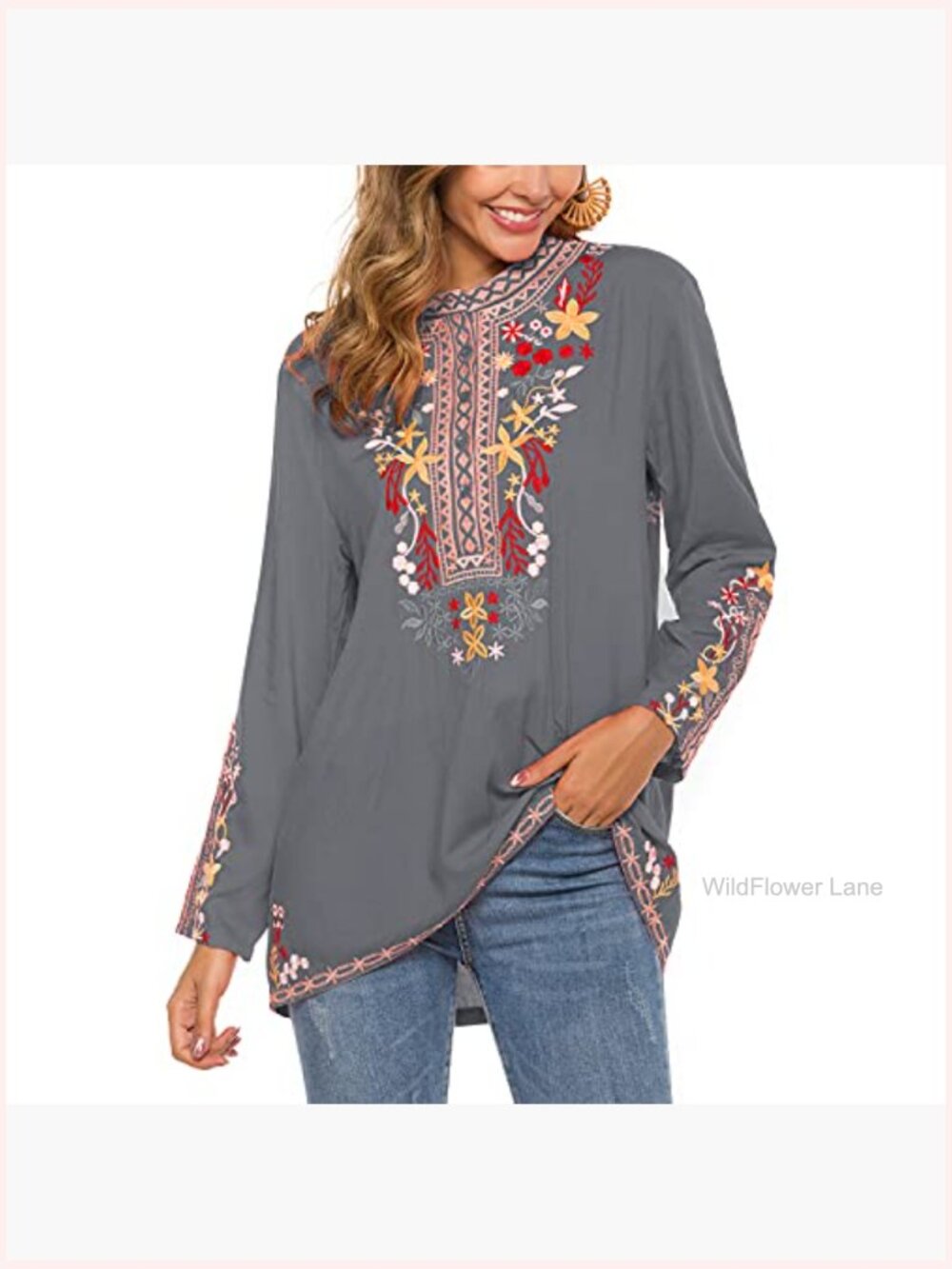 Boho Embroidered Long Sleeve Tunic Blouse Women Peasant Top - Picture 4 of 6
